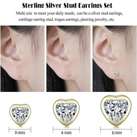 Gulicx 3 Pairs Silver 14K Gold Heart Stud Earrings Set for Women Girls, Hypoallergenic 925 Stering Silver Cubic Zirconia Simulated Diamond Stud Earrings, Small Sleeper Cartilage Studs,Size:3,4.5mm