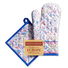 Maison d'Hermine 100% Cotton Oven Mitt & Pot Holder Set (7.5"x13" & 8"x8") Heat-Resistant Kitchen Cooking, Baking & BBQ- Soft, Easy to Use - Gifts for Mothers Day Spring/Summer (Indian Floral)