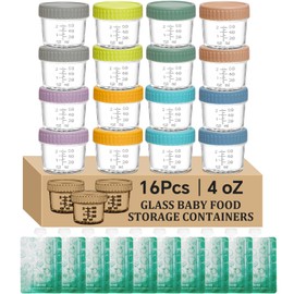 16 pcak Glass Baby Food Storage Containers & 10 Pack Reusable Baby Food Pouches Set, 4 oz Glass Jars with lids for Infant Baby Food,Freezer and Microwave Safe,100% Leak Proof,Reusable BPA Free（16）