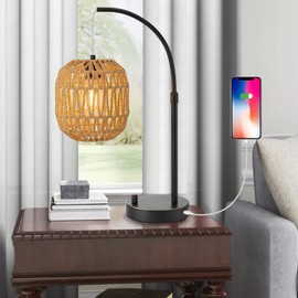 Sainsbarry Tall Industrial Table Lamp for Bedroom with USB Port, Charging Farmhouse Coastal Lamps Black with Rattan Lamp Shade Edison Bedside Nightstand Lamp Boho Side Table Desk Lamps for Home Office