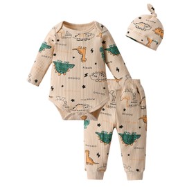 Newborn Baby Boy Clothes Dinosaur Print Knitted Romper + Pant + Hat Outfit Set Yellow (0-3 Months)