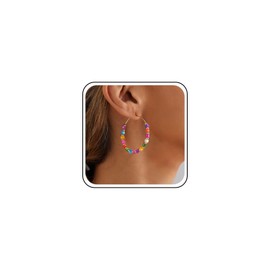 Jugielu Boho Rainbow Seed Beaded Circle Earrings Circle Bead Hoop Earrings Colorful Bead Hoop Dangle Earrings Acrylic Multi Color Bead Circle Earrings Jewelry for Women