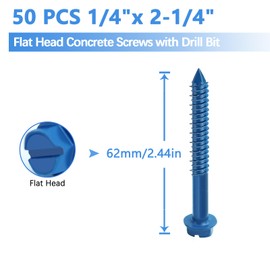 1/4" x 2-1/4 Concrete Screws Assortment Kit, Concrete Screws Hex Head Masonry Block or Brick Cement Screws and Anchors, Diamond Point(50 PCS)