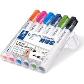 STAEDTLER Lumocolor whiteboard marker, line width 2.00 mm, quick-drying, low odour, long life, blocked tip, 6 whiteboard markers in stand-up box (6 markers + eraser)
