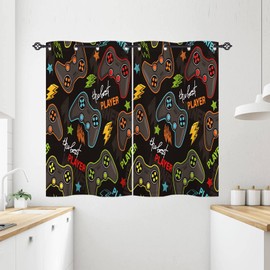 ANHOPE Gamer Curtains Eyelet 80% Blackout Room Darkening Curtains with Video Game Gamepad Print Pattern Light Blocking Window Drapes for Kids Boys Teens Bedroom Living Room 28 x 54 Inch Drop 2 Panels