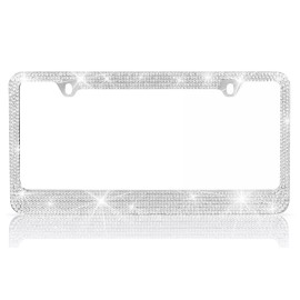 BLVD Stainless-Steel Metal Silver Crystal Bling License Plate Frame Universal Fit