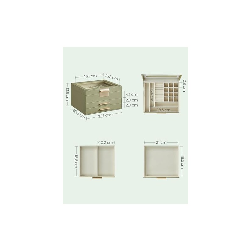 SONGMICS Caja de Joyas, 3 Niveles, Tapa de Cristal, 2