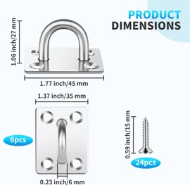 HHXUUAN 6 Pieces M6 Heavy Duty Square Eye Plate Pad Hooks,304 Stainless Metal Suspension U Hooks with 24 Screws for Wall Ceiling Hanging