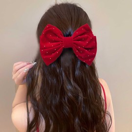 Allereyae French Red Velvet Bow Hair Barrette Large Bow Hair Clips Big Velvet Hair Bow Satin Bowknot Hairclips Decorative Hair Accessories Jewelry for Women Headdress(Red2)
