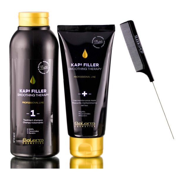 Salerm Cosmetics KAPS Filler Smoothing Therapy Maintenance Kit, Treatment Shampoo 1 & Liss Maintenance Mask DUO SEt (w/ Sleek Comb) Kap + Ceramides + Keratin (18 oz + 6 oz DUO KIT)