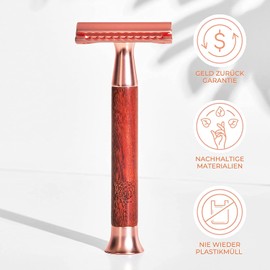 WLDOHO® Safety Razor Sandalwood For Men And Women, Including 5 Blades I Zero Waste Wet Razor I Safety Razor, Plastic-Free I Razor with Wooden Handle in Rose Gold, Closed Comb