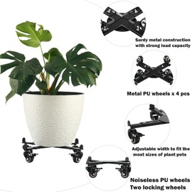 Adjustable Metal Plant Caddy with Wheels 11.5" - 15.7" Rolling Plant Stands with Metal PU Casters Extendable Large Heavy-duty Plant Dolly OUtdoor Plant Pot Movers Plant Rollers, Trolley, Coaster