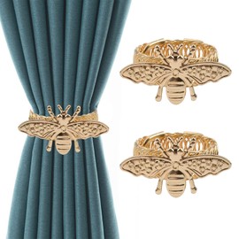 UFURMATE Curtain Tiebacks, 2Pcs Alloy Bee Curtain Holdbacks Gold Window Curtain Tie Backs Modern Simple Style Curtain Tie Backs Stretchy Wire Rope Curtain Straps for Home Decor (Gold Bee)
