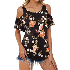 Micoson Women Cold Shoulder Blouse Classic Short Sleeve Shirts Women's Spring Round Neck Tunic Soft Date Night Wear Black Floral M