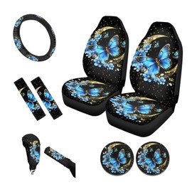 Tupalatus Blue Butterfly Auto Front Seat Covers Steering Wheel Cover,Seat Belt Pads,Cup Holder Gear Shift Knob Cover,Car Handbrake Protector Full Set of 9 PCS for Ladies Gifts,Universal Fit