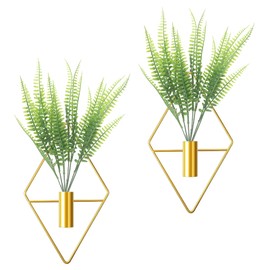 ALHAPY 2 PCS Metal Wall Planter Vase with Artificial Persian Grass, Gold Indoor Wall Hanging Decor for Home Living Room, Modern Geometric Boho Wall Hanging Vase for Indoor Artificial Plants
