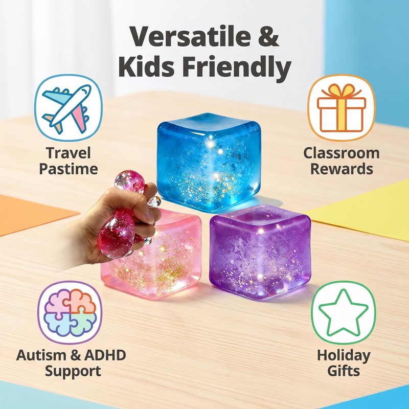 3Pcs Glitter Squishy Cube,Slow Rise Stress Cubes,Sugar Squeeze Toys