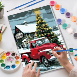 Skyboda Red Truck Paint by Numbers Kit for Adults Beginners with Frame, Christmas Tree Adult Paint by Number Kits on Canvas, Easy DIY Oil Painting Kits for Home Decor, 8x12in