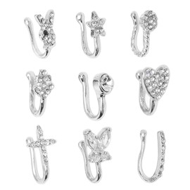 9 Pcs Fake Nose Rings Shiny Fashionable No Piercing Nose Clip Kit Faux Nose Rings for Women Silver