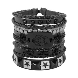 JJDreams Leather Bracelets Black PU Braided Bracelet Set Skull and Wolf Cuff Bracelet for Men