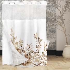 Tititex No Hooks Snap in Liner Tan Eucalyptus Leaves Shower Curtain Sets, Hotel Luxury Double Layers Waterproof Fabric & See-Through Top Window Bathroom Decorative 72x84 Inch