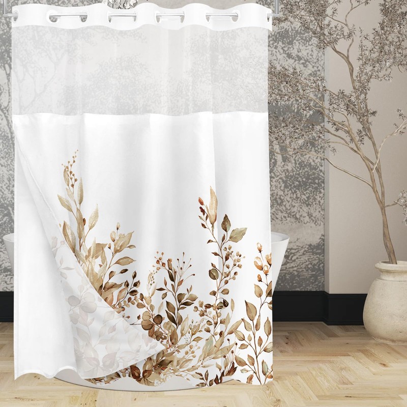 Tititex No Hooks Snap in Liner Tan Eucalyptus Leaves Shower