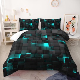Geometric Turquoise Black Comforter Set,Light Honeycomb 3 Piece Bedding Set Queen Size for Teen Boys,Modern Quilt Set Geometry Decor,Microfiber Lightweight 1 Comforter 2 Pillowcases All Season