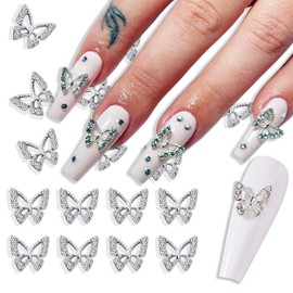 Butterfly Nail Charms with Diamond Design 3D Metal Butterfly Charms for Women Girls Silver Butterfly Nail Decoration Supplies DIY Manicure 10Pcs