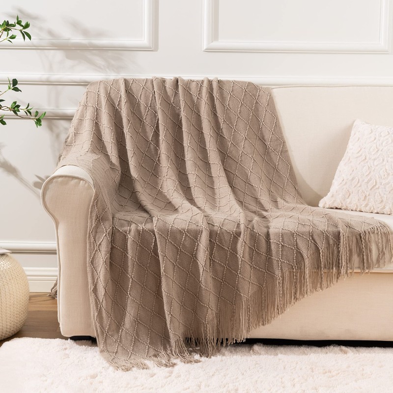 battilo Knit - Manta Decorativa con patrón de Diamante, Beige,