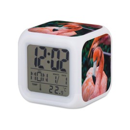 Fabulous White Illuminated Cube Alarm Clock - Close-up Flamingo Pink Bird Wildlife - 7.8 x 7.8 x 7.8 cm - Retro Lighting Multicoloured LED