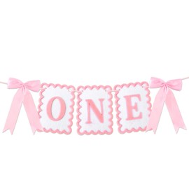 Vovii Bow Highchair Banner for 1st Girls Birthday Decoration, Pink and White One Birthday Banner for Party Decor Photo Props(Pre-Strung)