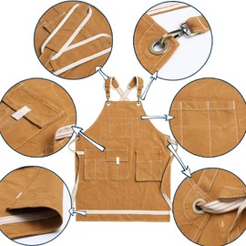 Jeanerlor Waxed Canvas Work Apron for Men with 11 Pockets Comfortable 12oz Washed Shop Apron Water-Resistant Tool Apron Adjustable L-XXXL (Yellowish Brown)