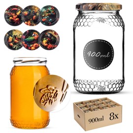 KADAX Honey Jars, 900 ml, Preserving Jars with Fi82 mm Screw Lid, Jars for Honey, Jam Jars, Screw Jars, Preserving Jars (Exotic Birds, Pack of 8)