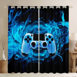 Games Curtain for Gaming Bedroom Living Room Gamer Room Curtains Kids Boys Video Game Gamepad Window Drapes Console Game Controller Curtain Blue W46*L54