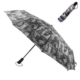 Amy & Joey Magazine Cover Collage Michelle Obama Printed Light Weight Bubble Dome Compact Retractable Folding Umbrella With Sleeve (Auto Open-Loop-Black)