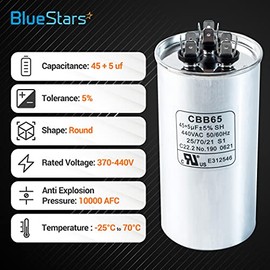 BlueStars 45+5 uF 45/5 MFD 370 V o 440 V CBB65 50/60 Hz - Compatible con motor de CA o arranque de ventilador o condensador recto