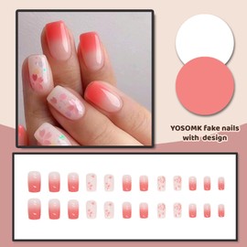 YOSOMK Square Press on Nails Short Fake Nails with Flower Designs Cute Gradient Pink Acrylic Nails Glossy Full Cover Glue on False Nails for Women