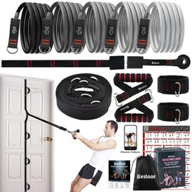Besloor Resistance Band Set with Handles. Home Fitness Equipment for Total Body Workout - Includes Door Anchor Bands, Door Anchors and Ankle Straps - with Fitness Poster and Video (Black)
