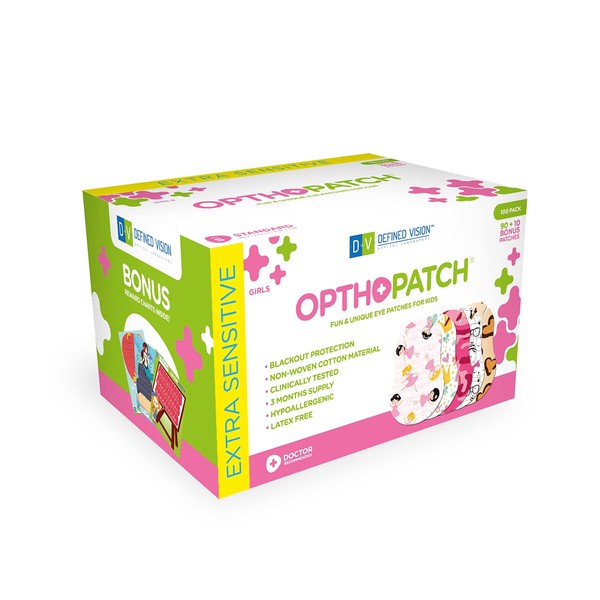 Opthopatch Kids Eye Patches - Fun Girls Design - 90 + 10 Bonus Latex Free Hypoallergenic Cotton Adhesive Bandages for Amblyopia and Cross Eye - 3 Reward Chart Posters by Defined Vision