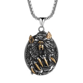 Flongo Viking Bear Necklace for Men: Oval Bear Claw Bear Head Pendant Stainless Steel Gold Silver Chain Jewellery Amulet Biker Hip Hop Punk Pagan Pirate Gifts for Men Father