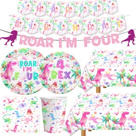 Pink Dinosaur 4th Birthday Paper Plates Cups Napkins Banner and Tablecloth Roar I AM Four Dinosaur Birthday Party Supplies Watercolor Dinosaur Party Decorations for Gilrs Dino Bday Serve 20 guests