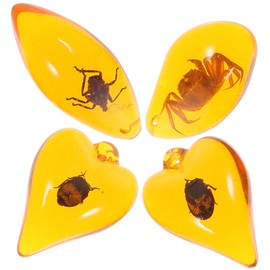 Milisten Pack of 4 Insects in Amber Petrified Amber Real Specimen Pattern Craft Decoration in Amber Fossil Dragonfly In, Amber Pattern Pendant Crystal Natural