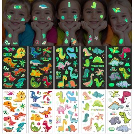 Aomig Children's Tattoos Set, 10 Sheets Temporary Tattoos, Glow in the Dark Tattoo for Girls Boys Skin-Friendly Temporary Children's Tattoos, Dinosaur Temporary Tattoos Stickers for Birthday Party