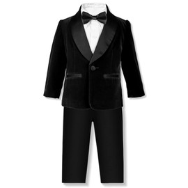 Boy's Tuxedo Formal Suit Set, Velvet Blazer Jacket, Shirt, Bow Tie and Dress Pants Dresswear, 4# Black, 3-4 Years = Tag 120