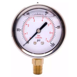 DuraChoice 2-1/2" Oil Filled Pressure Gauge, SS Face, 1/4" NPT, Lower Mount, 0-100PSI