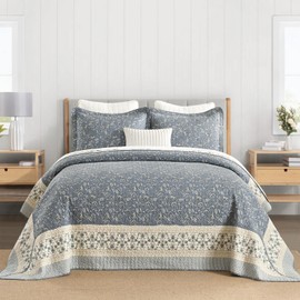 FineStichery 100% Cotton Oversized Quilt 120"x120", Extra Large King Bedspread, Farmhouse Botanical Bed Spreads Coverlet, Lightweight Quilted Bedding Cover, 3 Piece, Grayish Blue/Beige