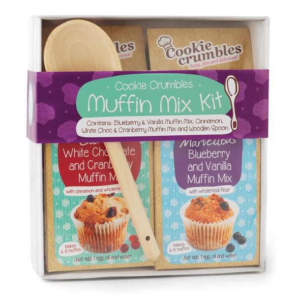 Cookie Crumbles Muffin Mix Kit, Marvellous Blueberry And Vanilla Muffin Mix And Glorious White Chocolate and Cranberry Muffin Mix, And A Small Wooden Spoon, Great Gift For A Bake Off Or Party, 225g