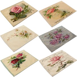 MARSTREE 6 in Set Cotton Linen Placemats - Vintage Flower Pattern Table Mats Heat-Resistant Non-Slip Insulation Table Runner for Kitchen Dining Room Table Decoration