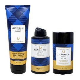 Generic Bath and Body Work Men's Collection Gingham Hero Trio Gift Set - Body Cream - Body Spray and Deodorant - Full Size, blue
