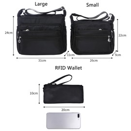 NOTAG Crossbody Bag for Women, Waterproof Nylon Shoulder Bag Multi-Pocket Crossbody Handbag with RFID Wallet (S, Black)